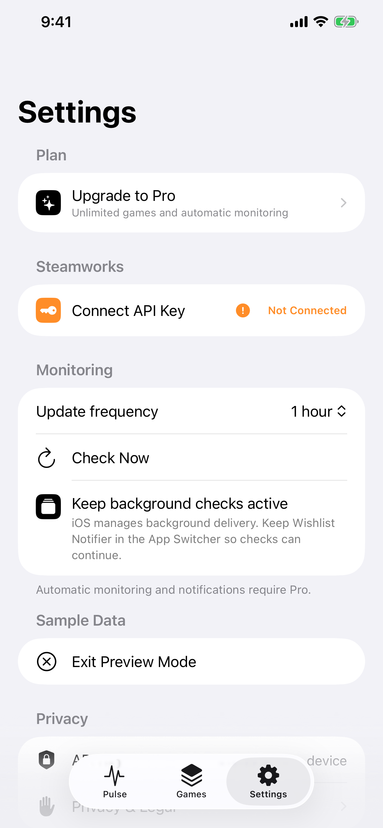 Wishlist Notifier Steamworks API connection and refresh settings